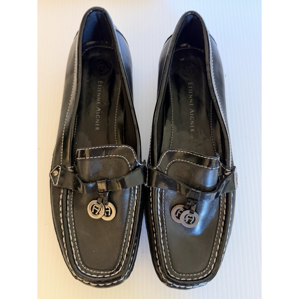Etienne Aigner E-Wren Leather Loafers Womens Sz 7M Black Patent Horseshoe Logo